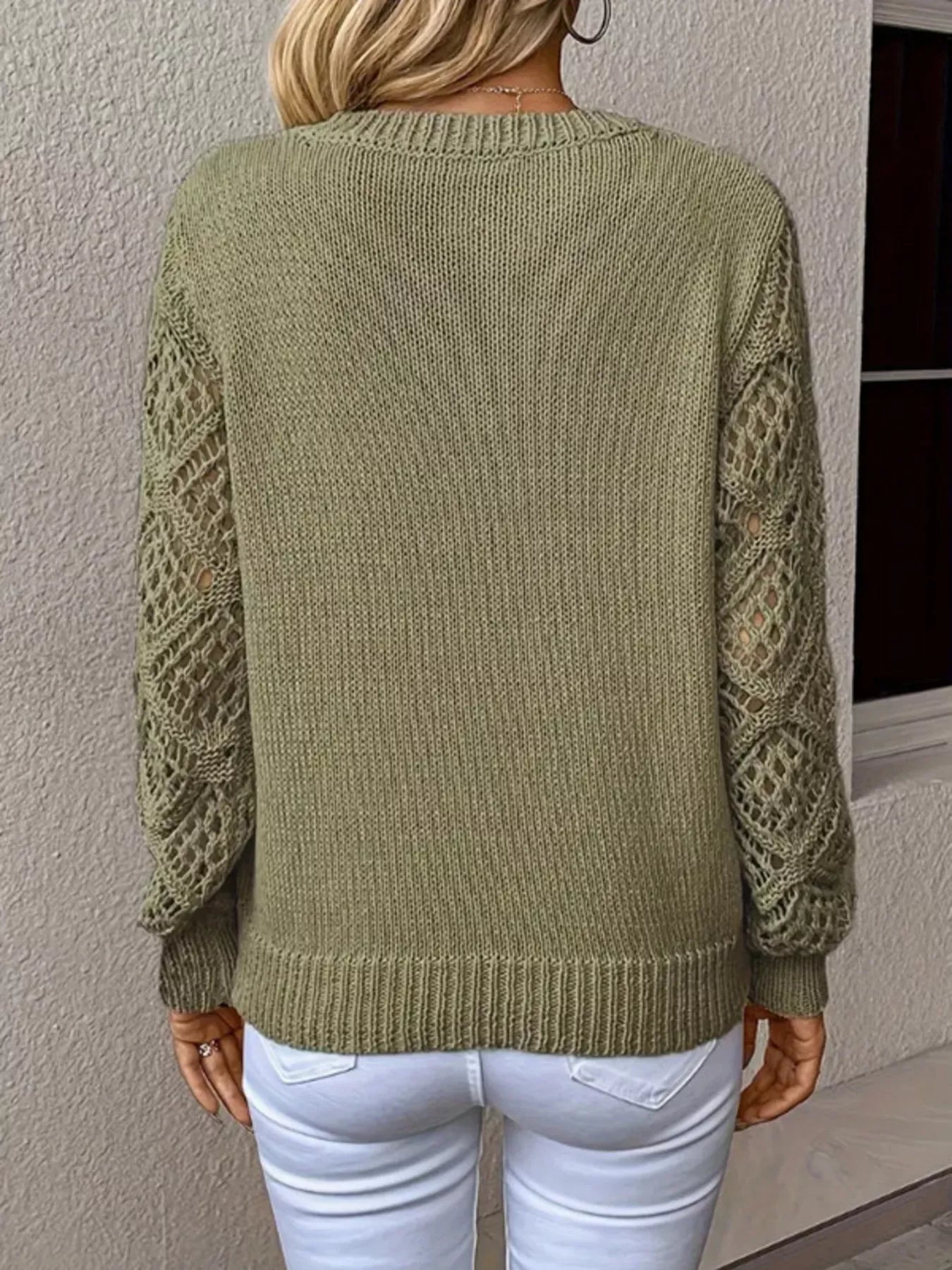Openwork V-Neck Long Sleeve Sweater OutfitFlow