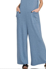 Zenana French Terry Deep V Neck Jumpsuits OutfitFlow