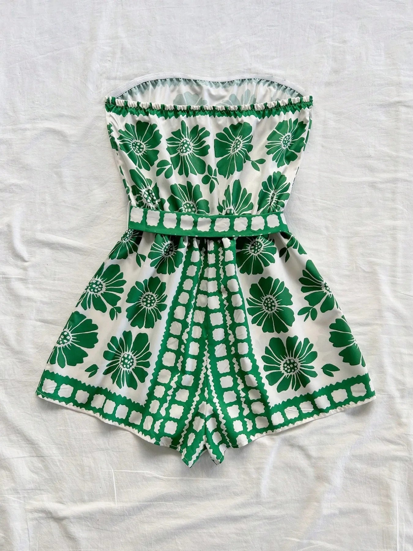 Printed Tube Tie Waist Romper OutfitFlow