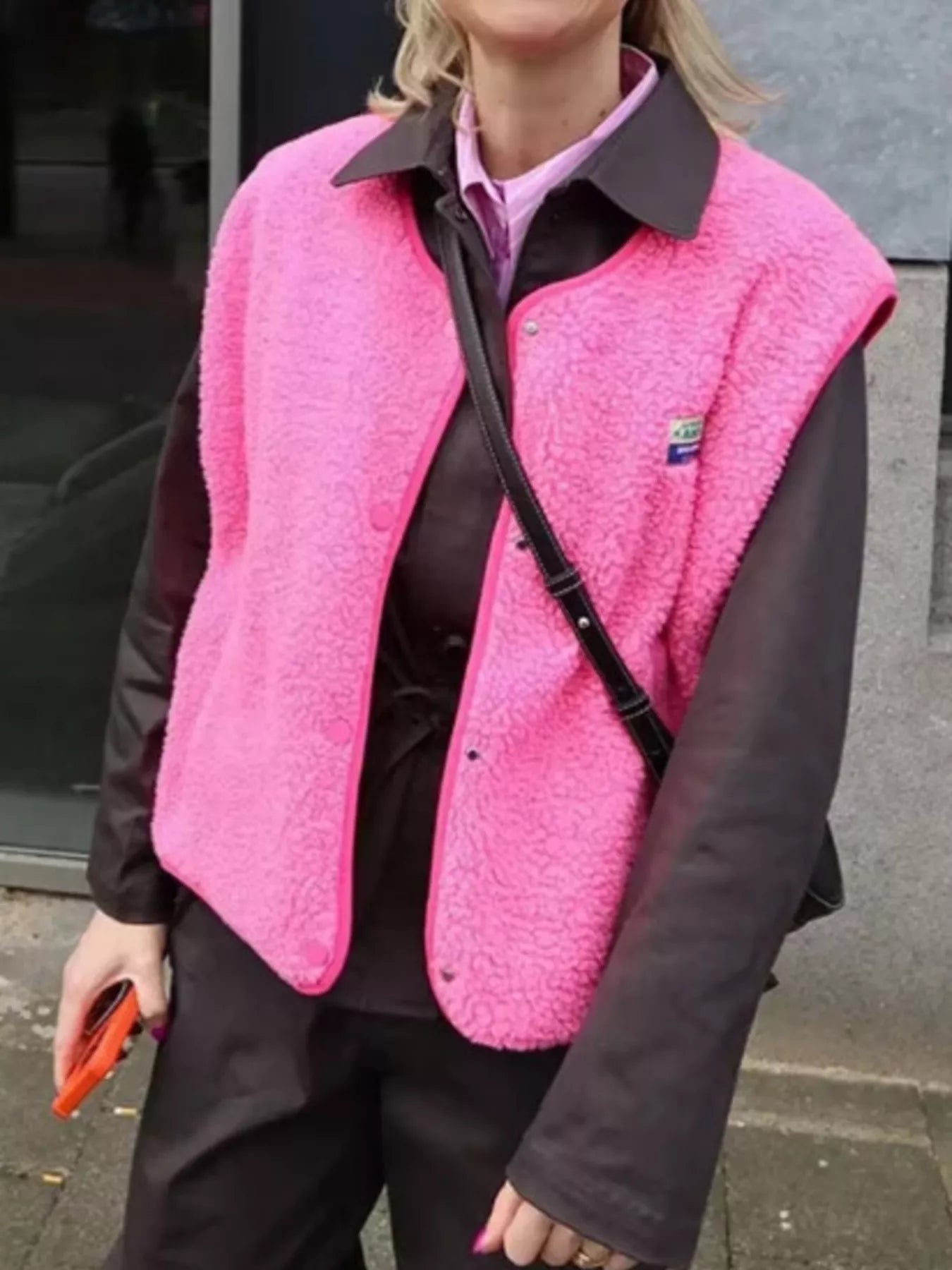 Snap Down Sherpa Vest Coat Fuchsia Pink OutfitFlow