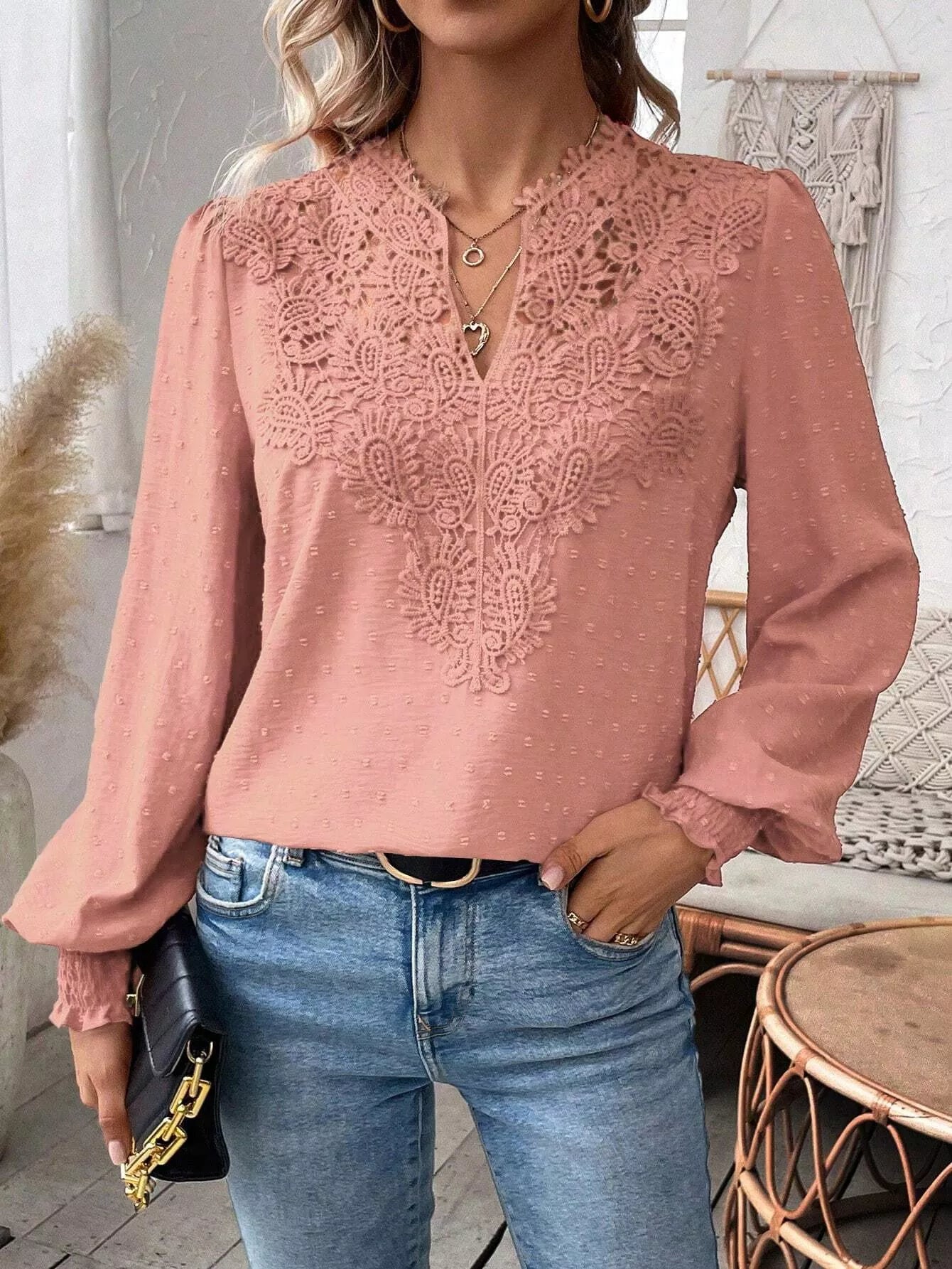 Swiss Dot Lace Detail Long Sleeve Blouse OutfitFlow