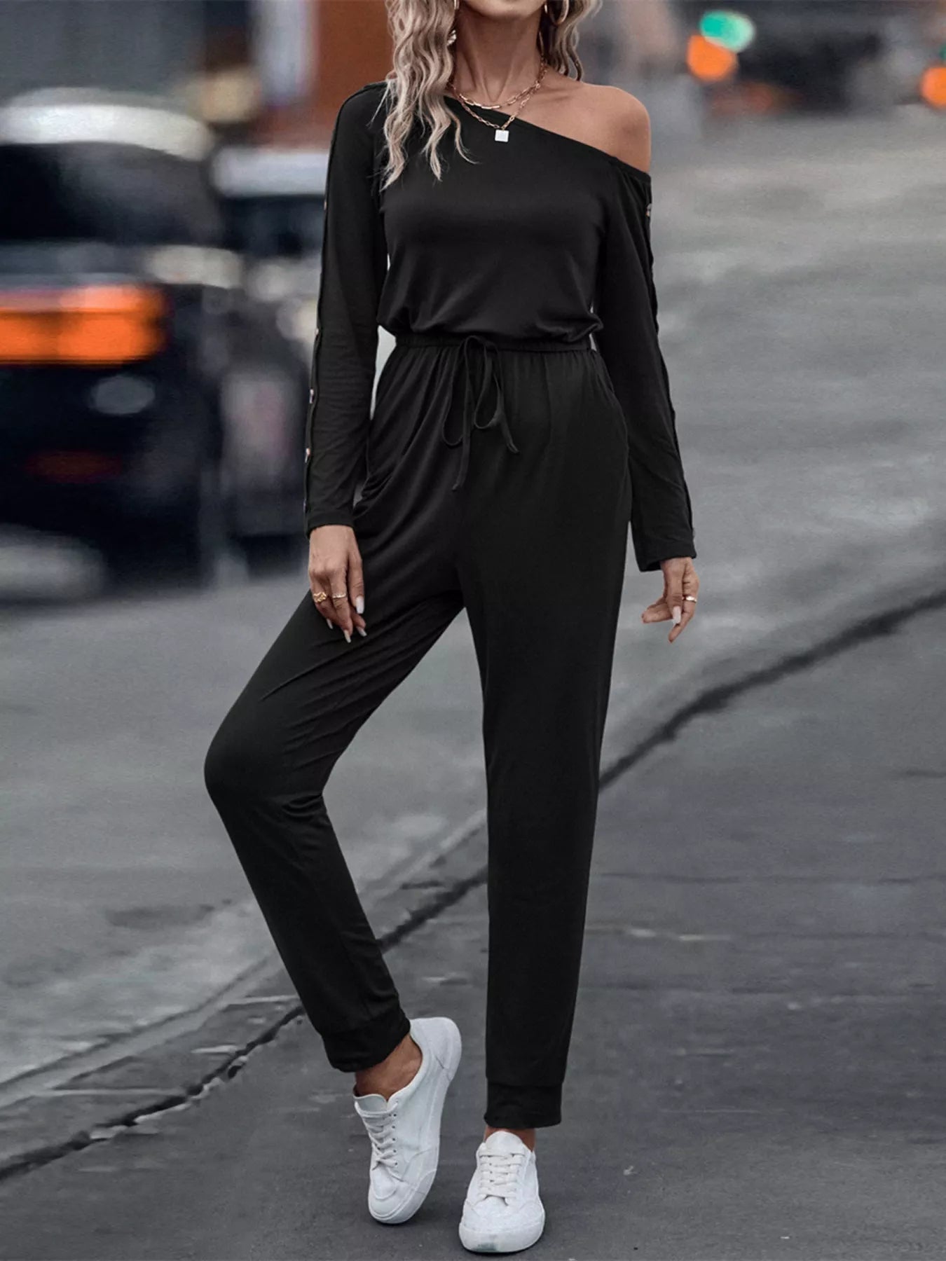 One Shoulder Long Sleeve Jumpsuit OutfitFlow