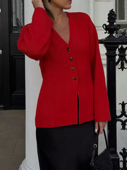 V-Neck Button-Down Knit Cardigan OutfitFlow