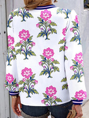 Floral Print Striped V Neck Blouse OutfitFlow