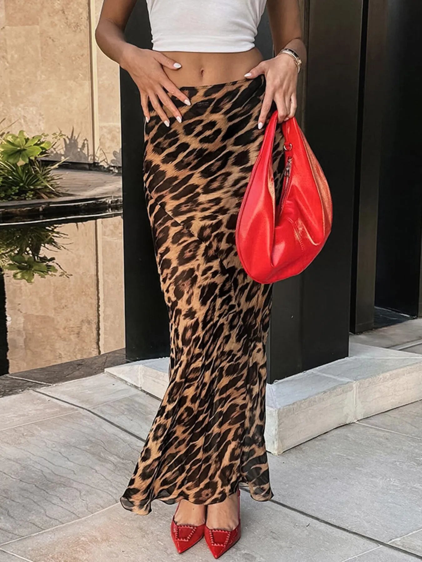 Leopard Print High Waist Flare Maxi Skirt OutfitFlow