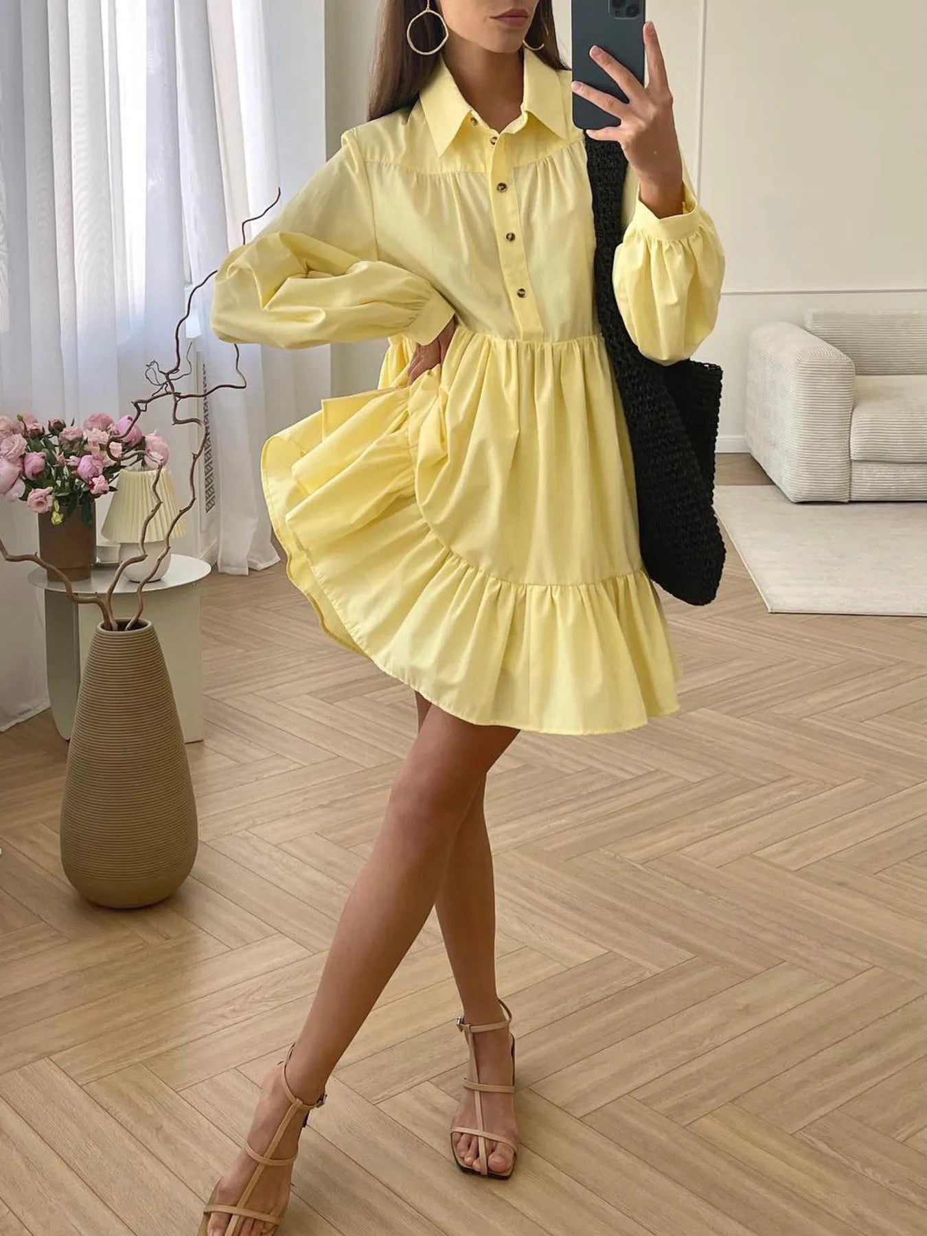 Tiered Long Sleeve Shirt Dress OutfitFlow