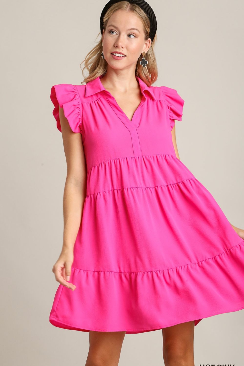 Umgee Full Size Johnny Collar Ruffle Cap Sleeve Tiered Dress Plus Size Hot Pink OutfitFlow