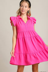 Umgee Full Size Johnny Collar Ruffle Cap Sleeve Tiered Dress Plus Size Hot Pink OutfitFlow