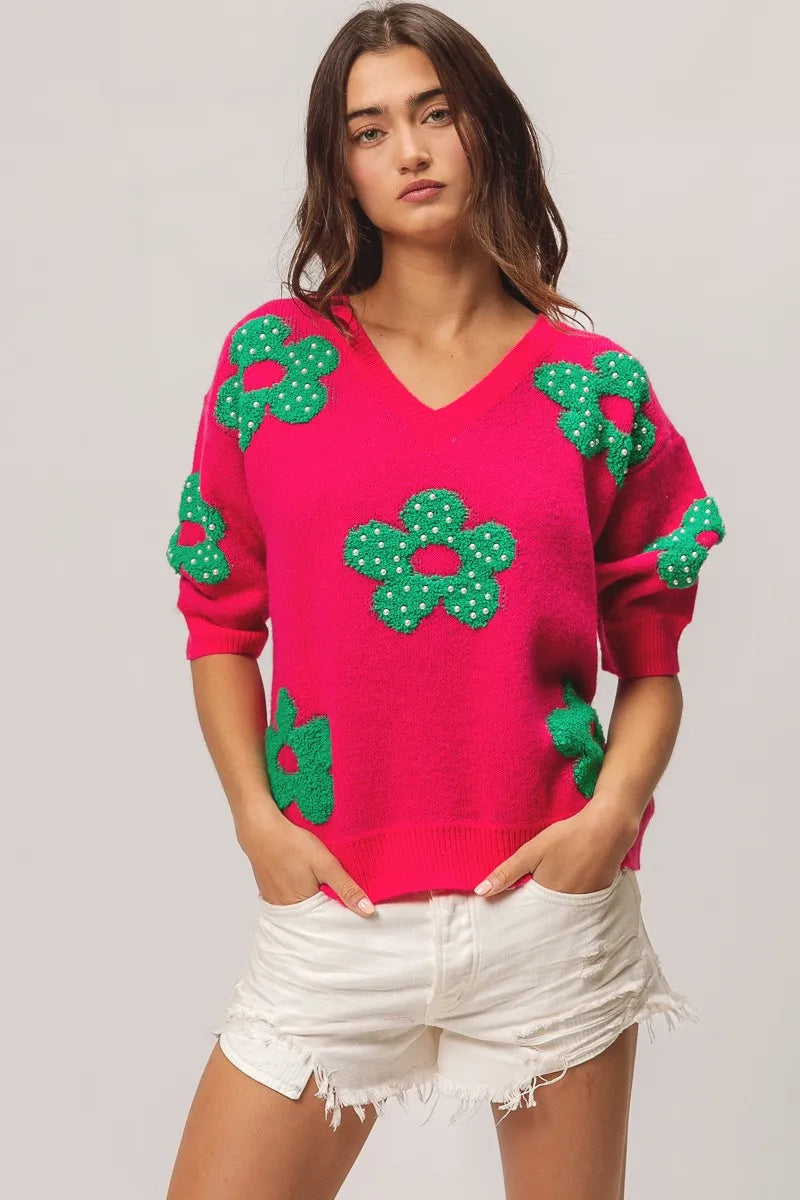 BiBi Pearl Beads Flowers Sweater Top OutfitFlow