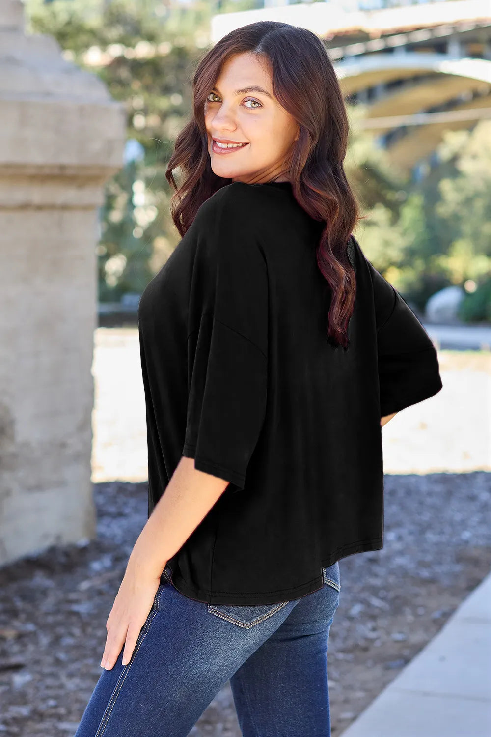 Basic Bae Bamboo Full Size Round Neck Drop Shoulder T-Shirt OutfitFlow