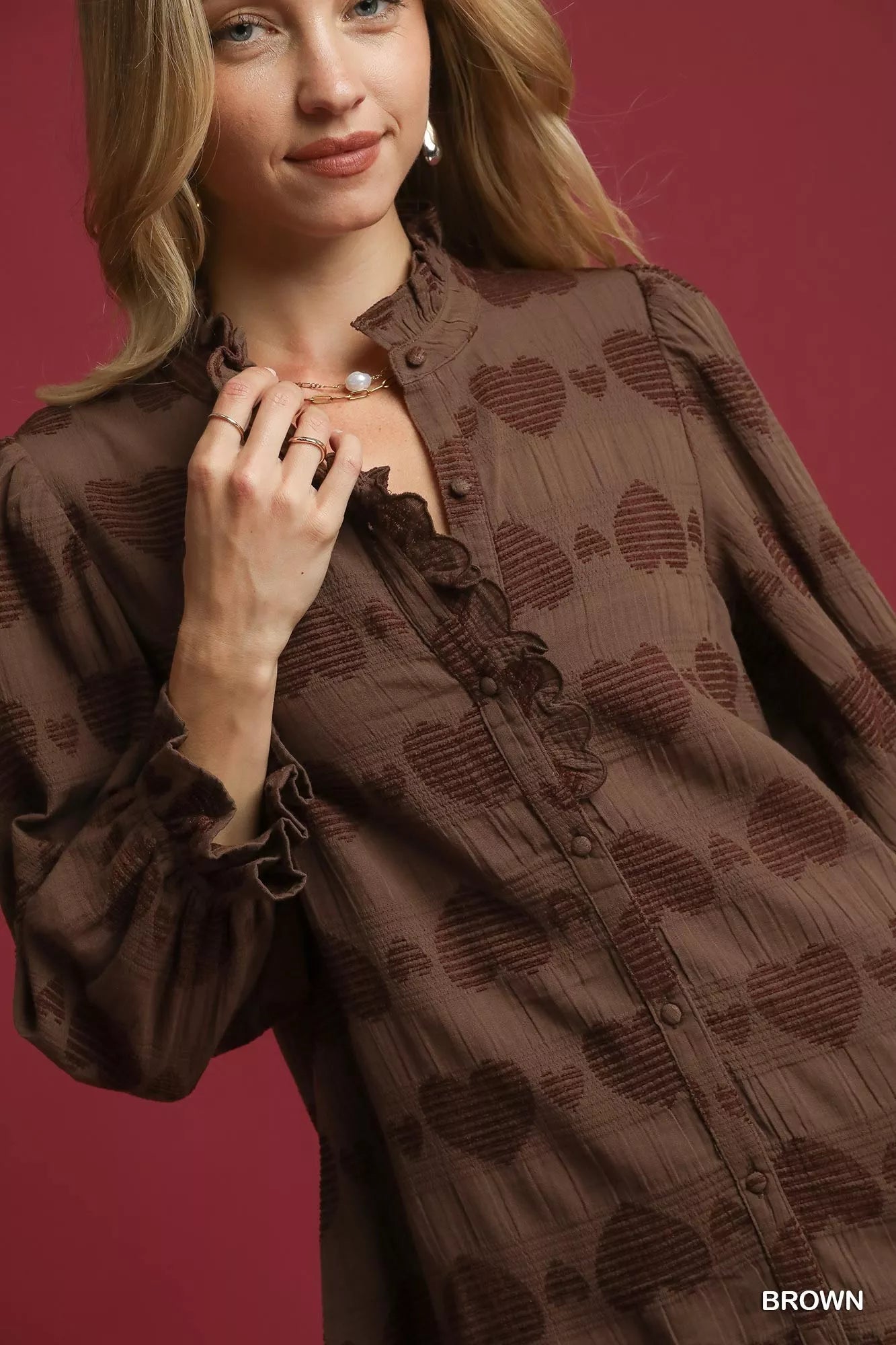 Umgee Heart Jacquard Ruffle Trim Shirt OutfitFlow