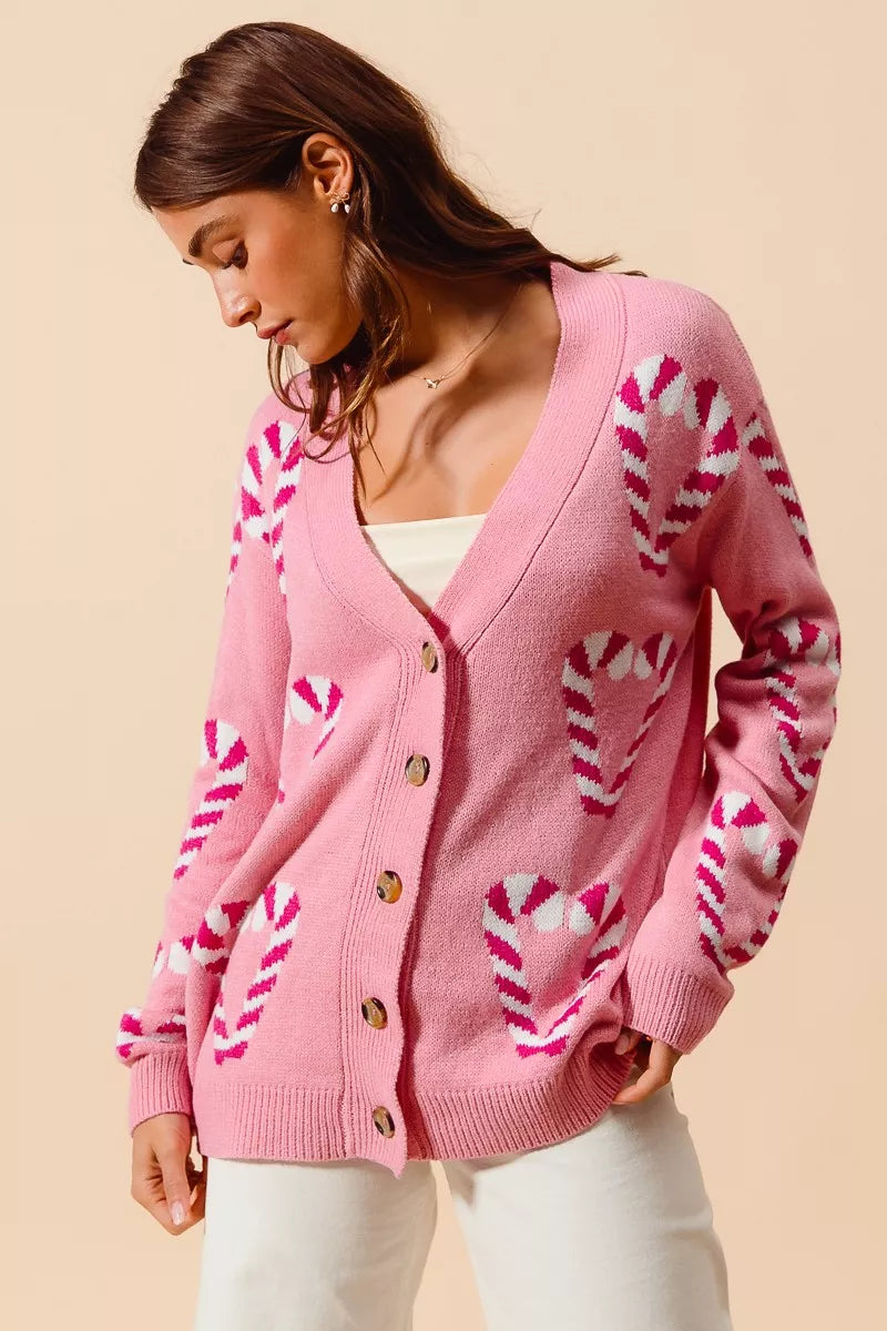 SO ME Christmas Candy Cane Button Front Sweater Cardigan OutfitFlow