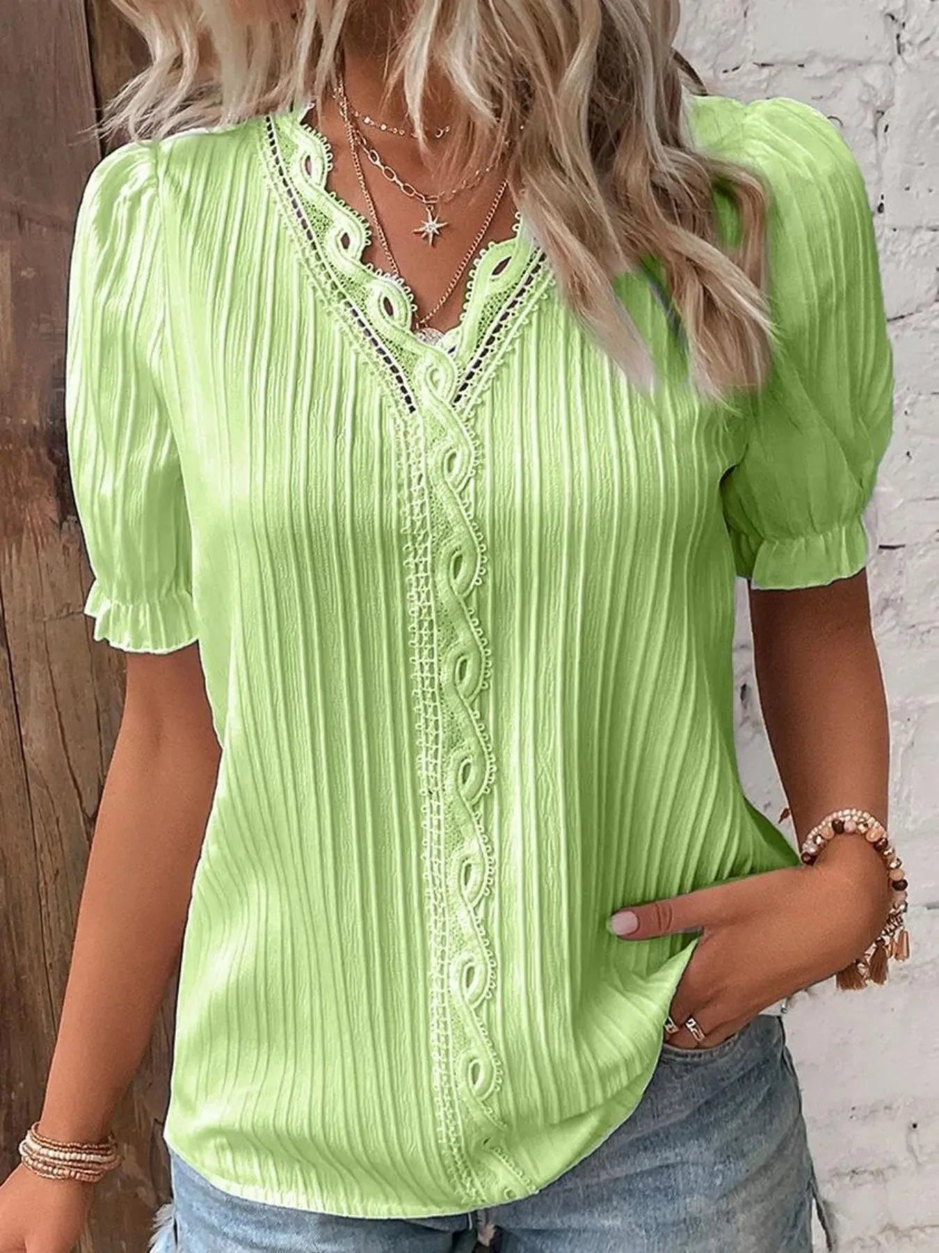 Full Size Lace Detail V-Neck Blouse Plus Size Yellowish Green OutfitFlow