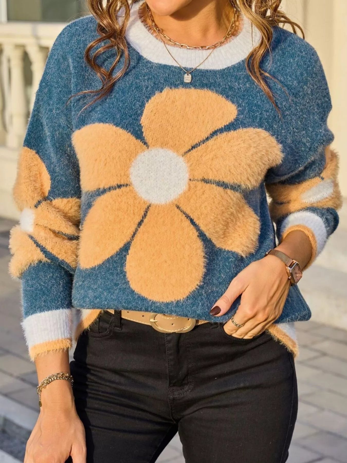 Flower Round Neck Sweater Trendsi