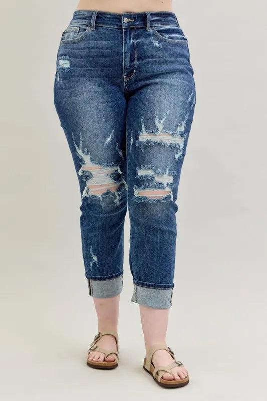 Judy Blue Full Size Mid Rise Cuffed Destroy Bf Jeans Plus Size OutfitFlow