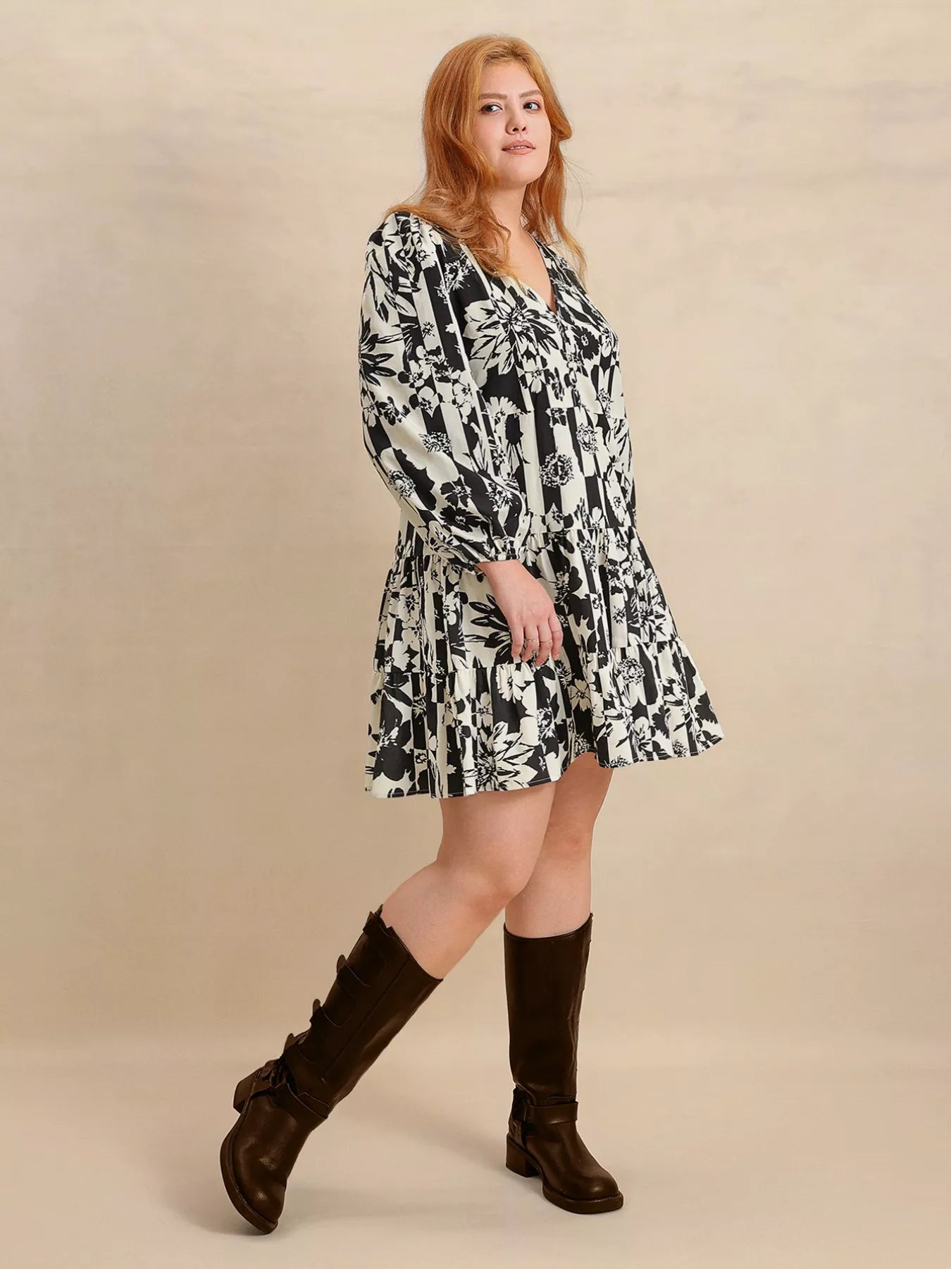 Plus Size Printed V-Neck Long Sleeve Mini Dress OutfitFlow