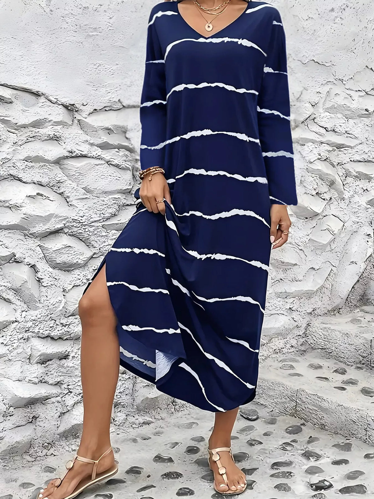 Striped V-Neck Long Sleeve Casual Maxi Dress Navy OutfitFlow