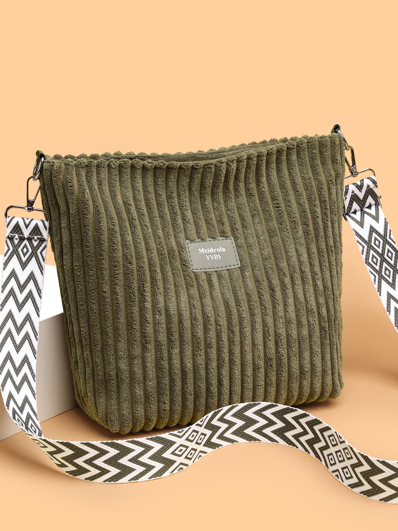 Corduroy Solid Color Crossbody Bag with Removable Strap Matcha Green One Size OutfitFlow