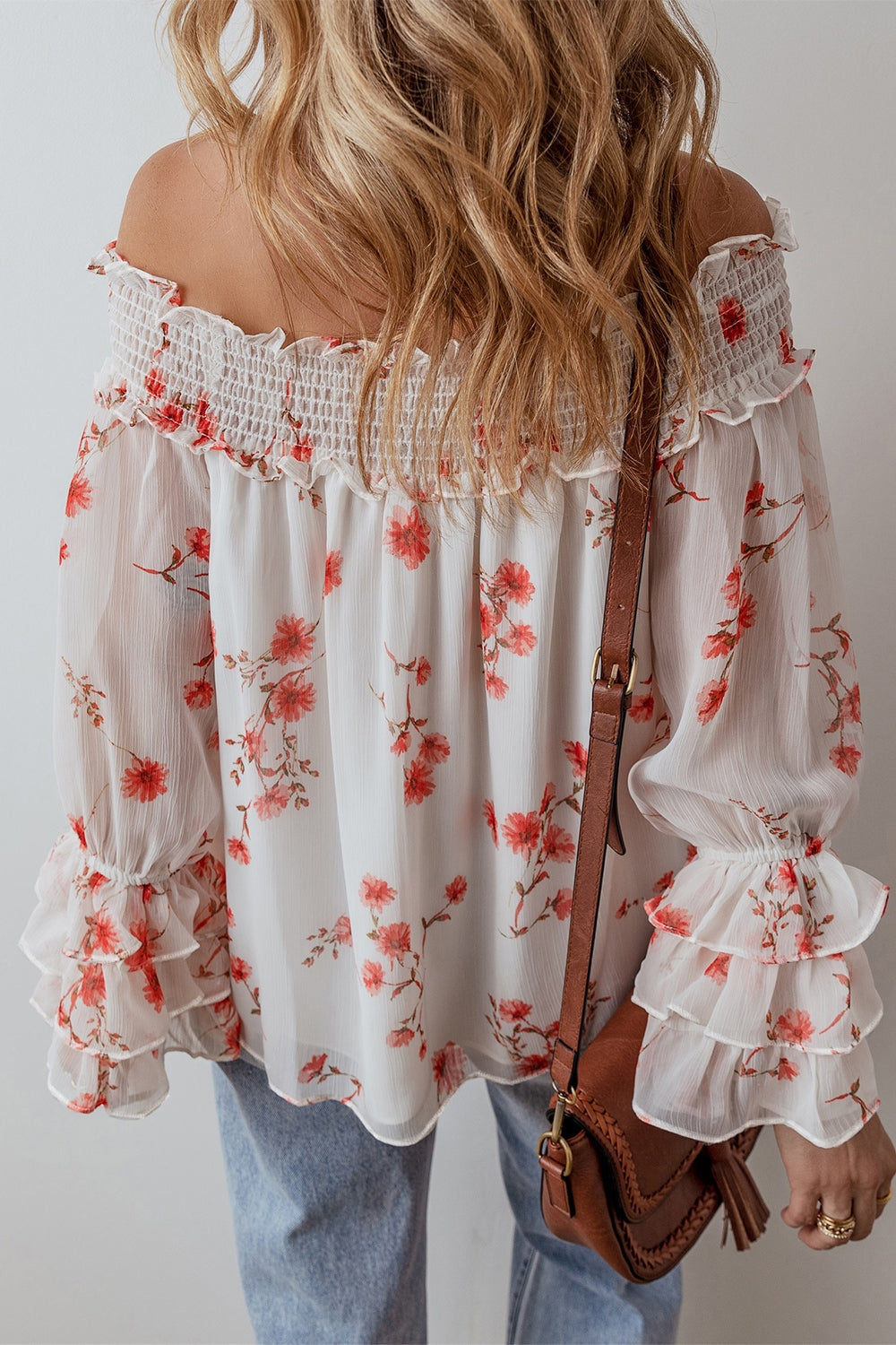 Outfit Flow - Smocked Floral Off-Shoulder Flounce Sleeve Blouse