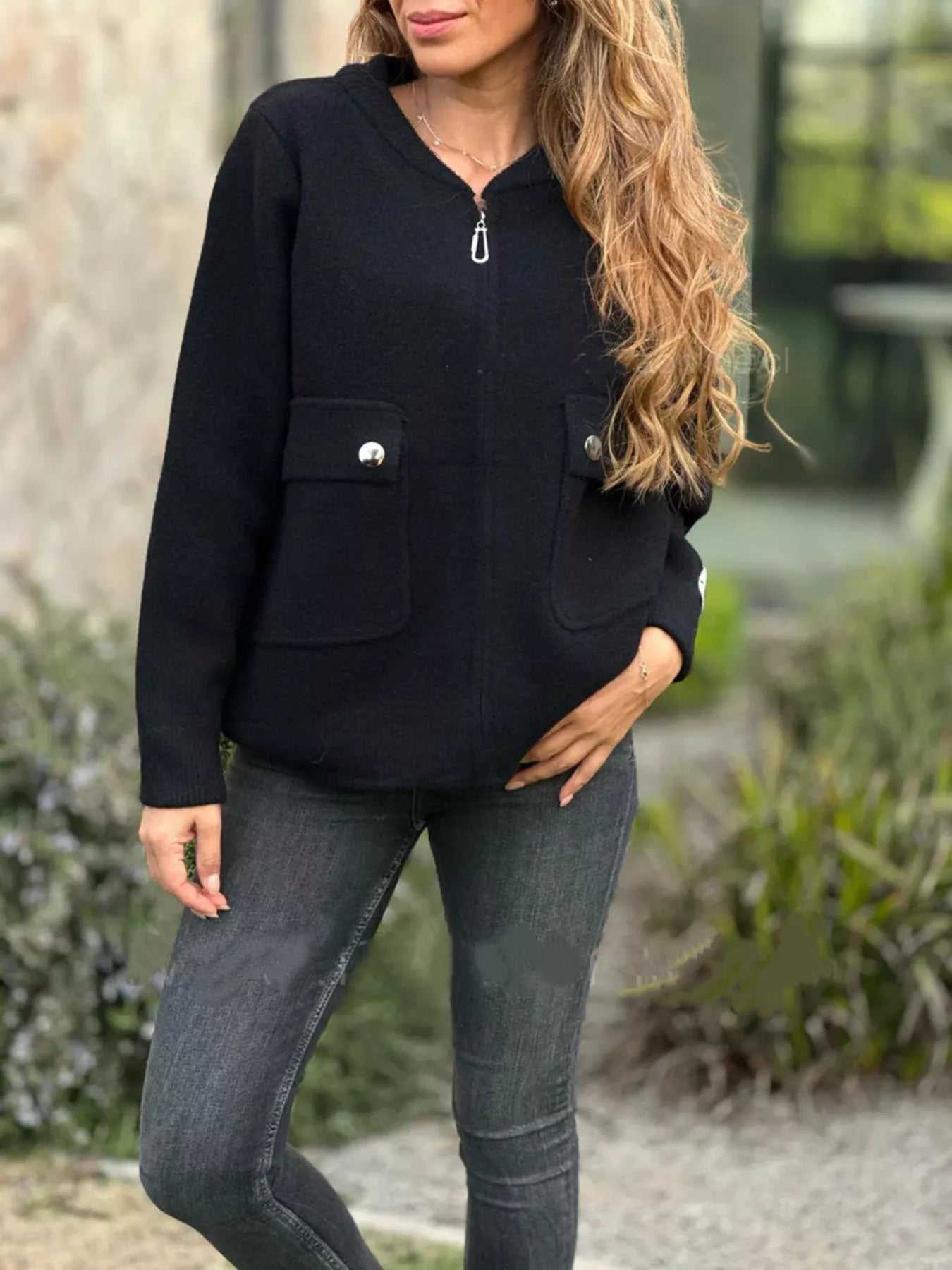 Full Size Zip-Up Long Sleeve Outerwear Plus Size Black Trendsi