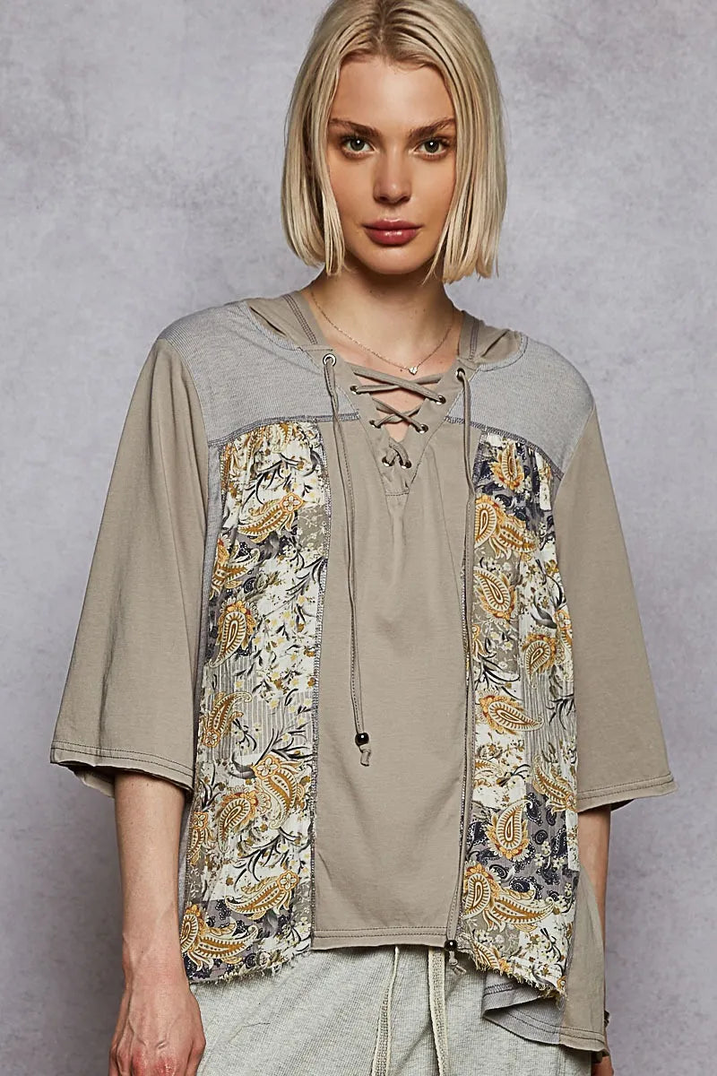 POL Lace-Up Hooded T-Shirt with Paisley Panel Detail Olive OutfitFlow