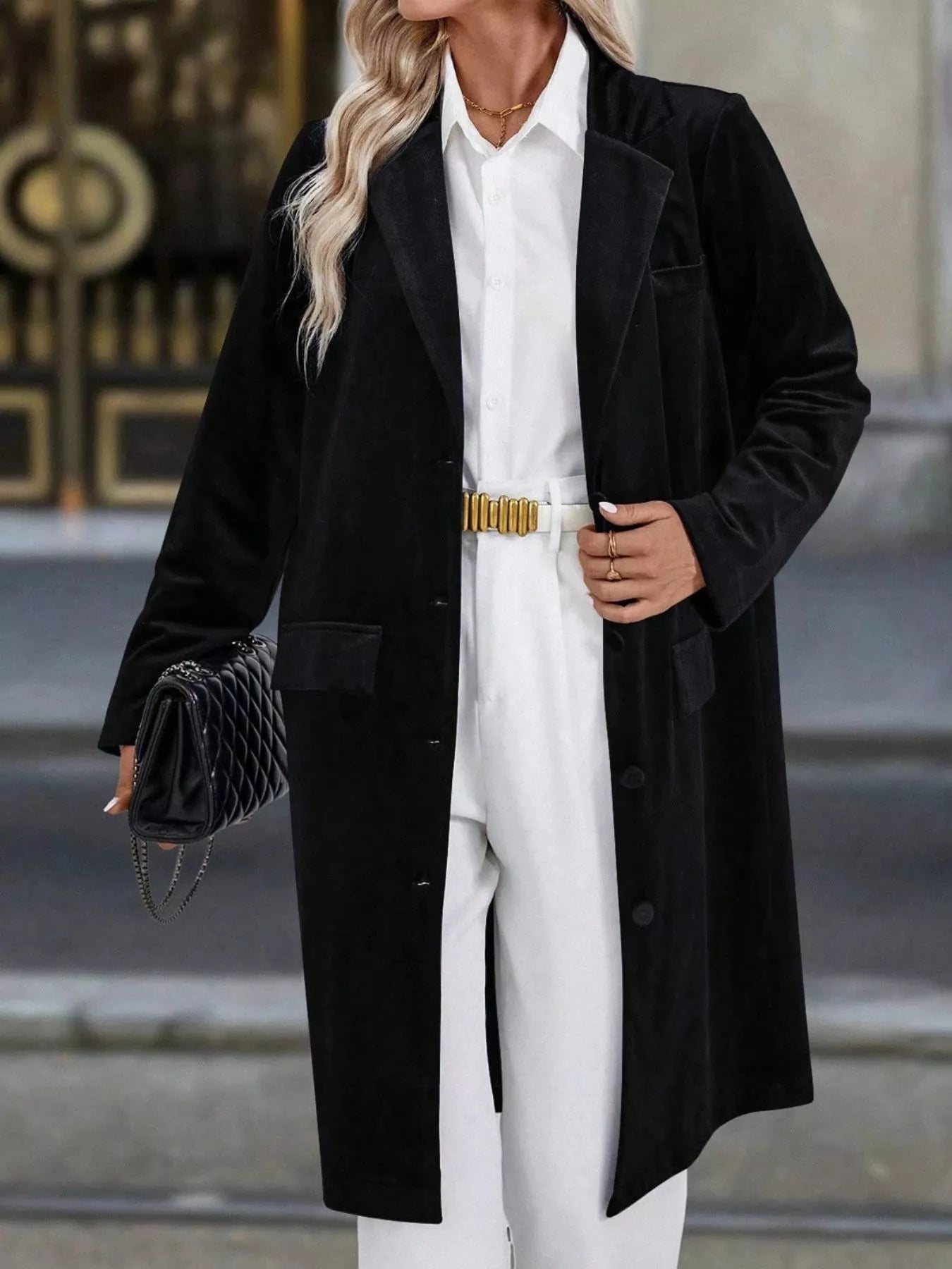 Lapel Collar Long Sleeve Longline Coat Black OutfitFlow
