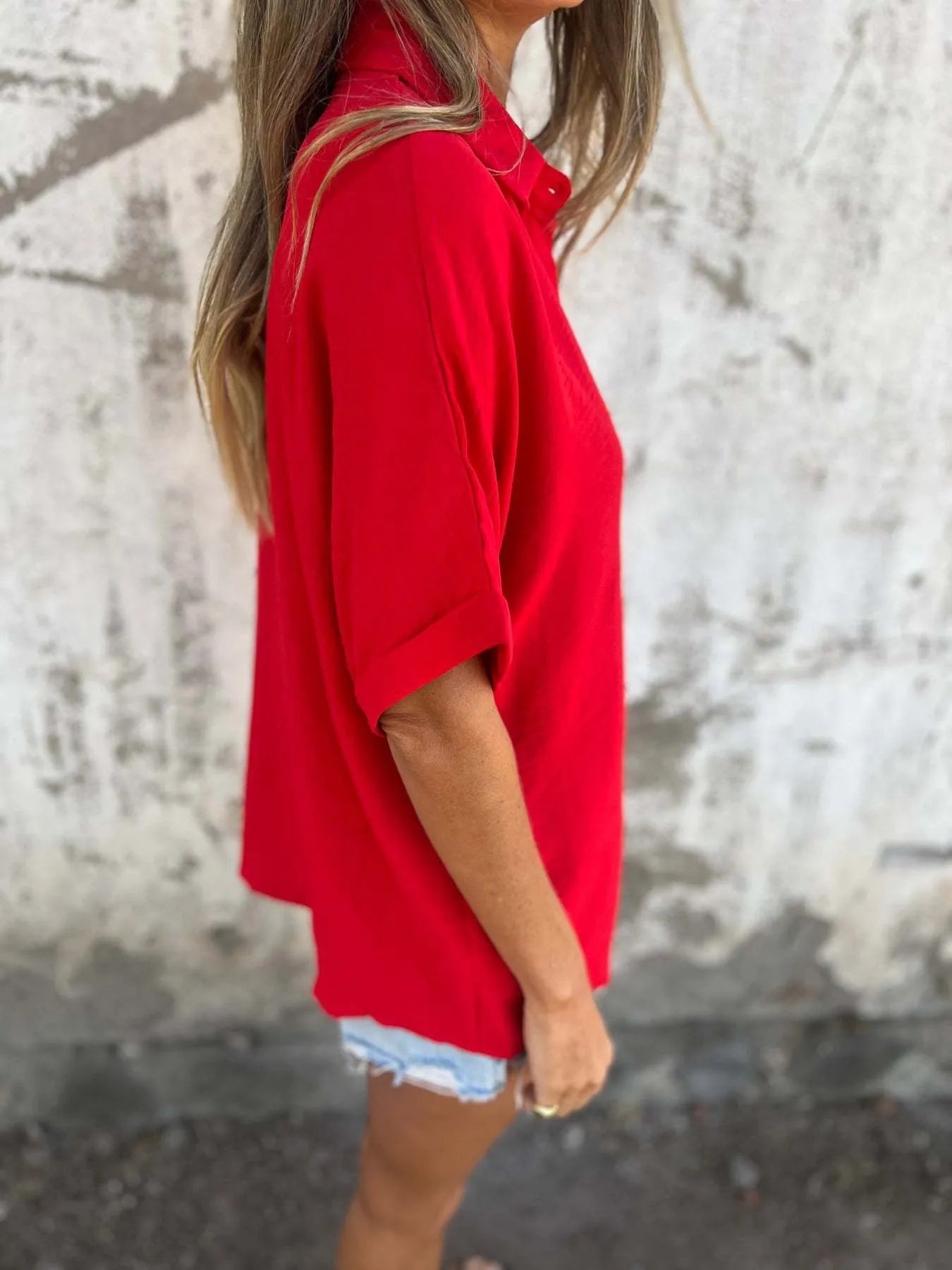 Full Size Casual Button Down Short Sleeve Loose Shirt Plus Size OutfitFlow
