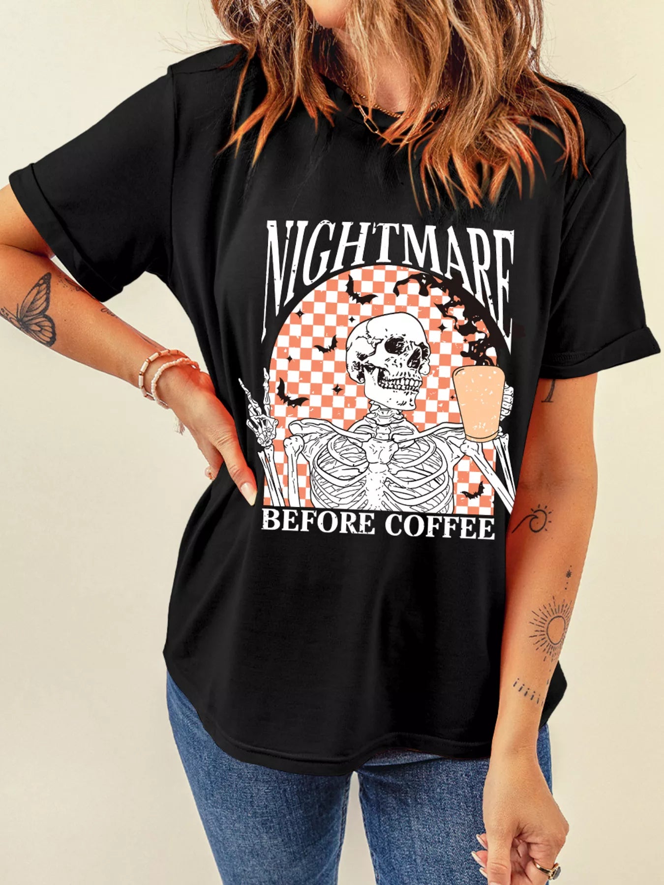 Halloween Skull Checkerboard Graphic Round Neck Tee OutfitFlow