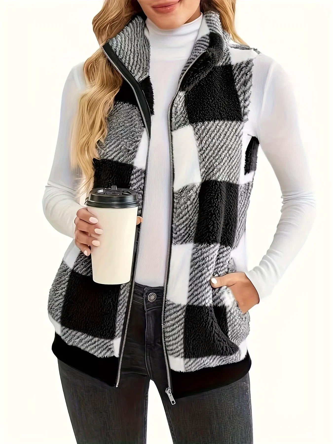 Plus Size Cozy Plaid Fleece Vest Coat OutfitFlow