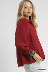 Umgee Half Button Blouse with Leopard Print Trim OutfitFlow