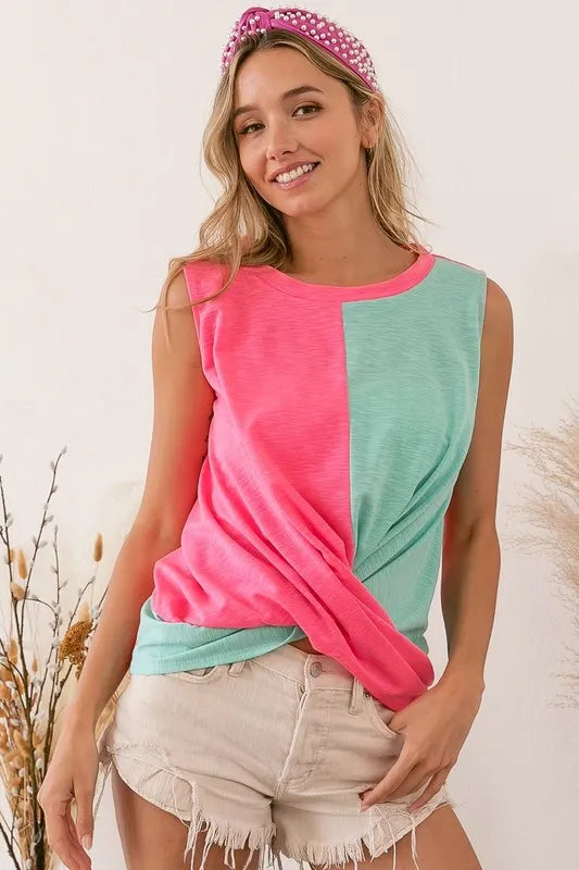 BiBi Slub Terry Color Block Twisted Top OutfitFlow