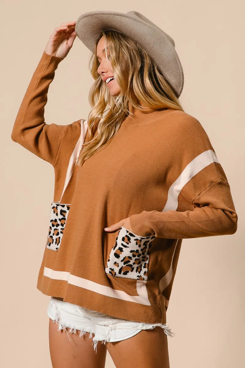 BiBi Mock Neck Sweater with Leopard Pocket OutfitFlow