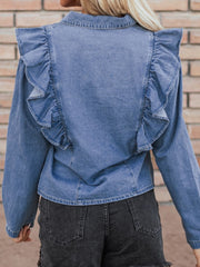 Ruffled Collared Neck Long Sleeve Denim Top OutfitFlow
