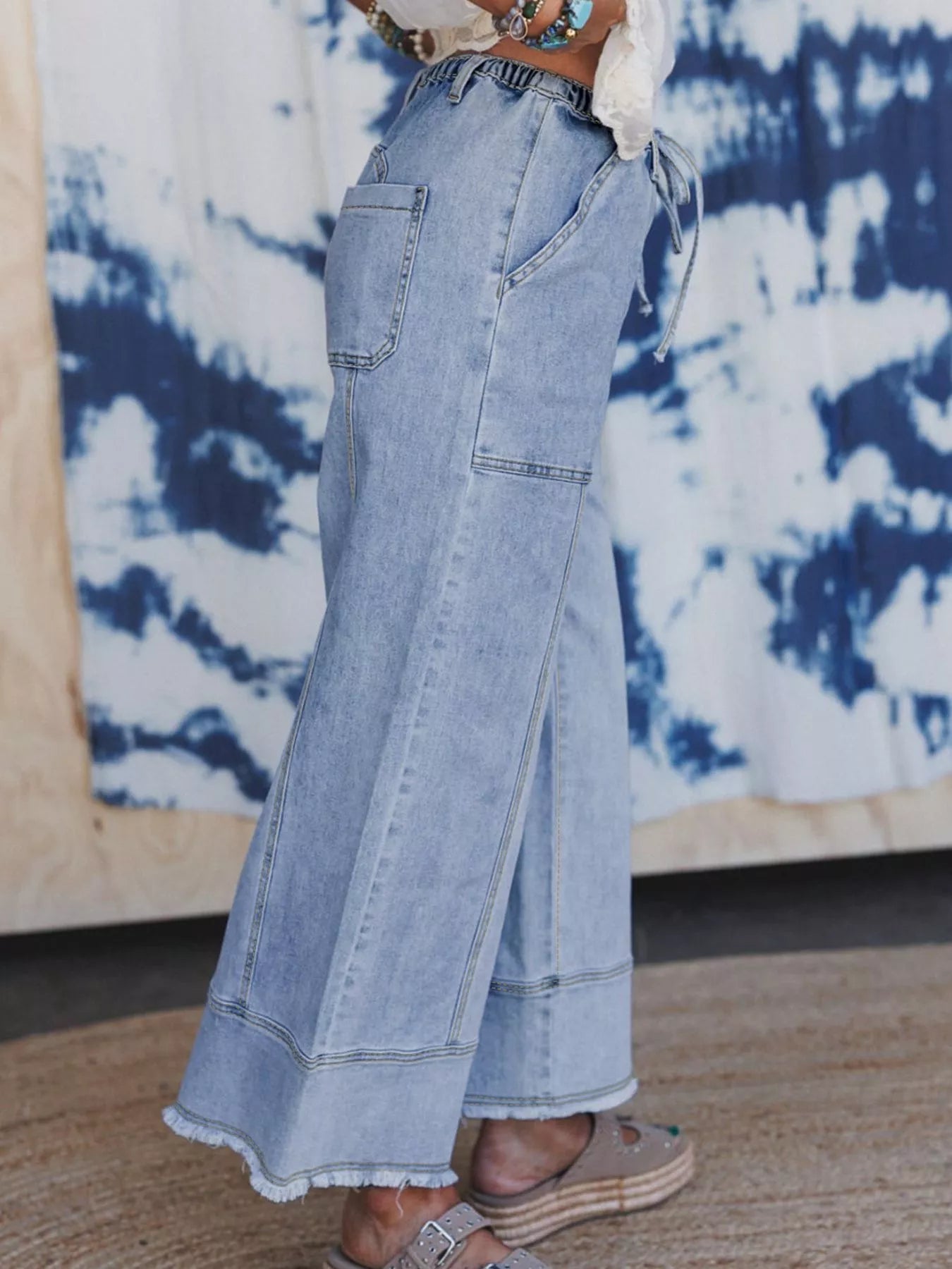 Wide Leg Drawstring Raw Hem Jeans OutfitFlow