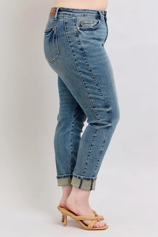 Judy Blue Full Size Mid Rise Vintage Wash Double Roll Cuff Boyfriend Jeans Plus Size OutfitFlow