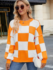 Outfit Flow - Checkered Round Neck Long Sleeve Sweater