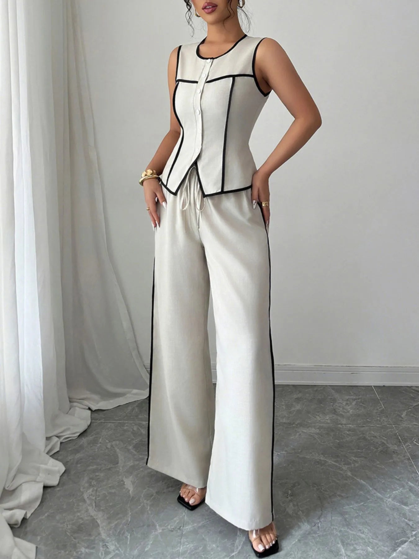 Contrast Piping Round Neck Top and Wide-Leg Pants Set OutfitFlow
