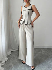 Contrast Piping Round Neck Top and Wide-Leg Pants Set OutfitFlow