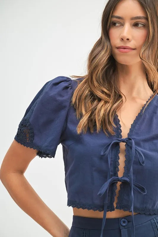 MABLE Crochet Lace Detail Crop Top and Shorts Set OutfitFlow