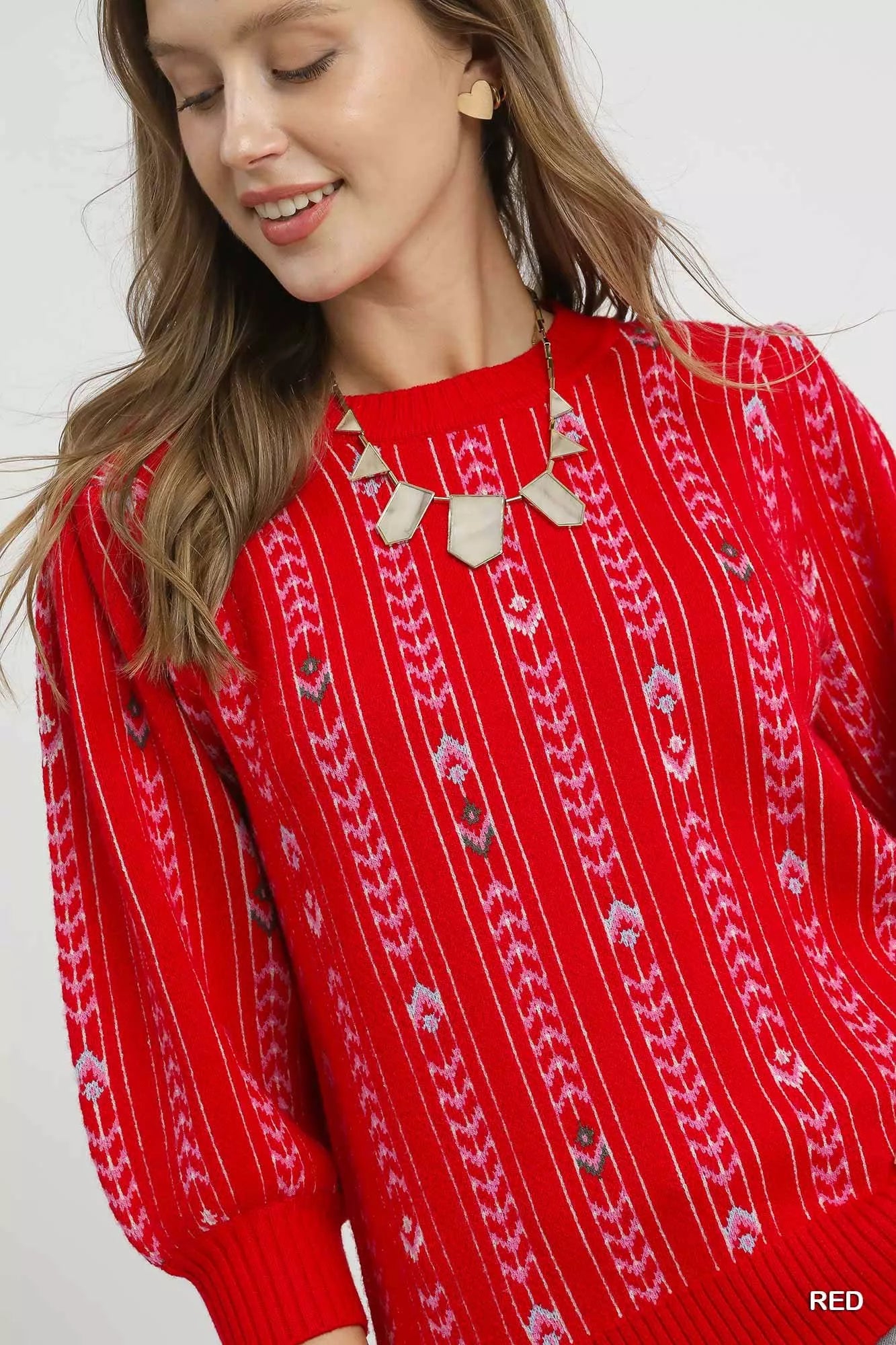 Umgee Jacquard Knit Puff Sleeve Sweater OutfitFlow