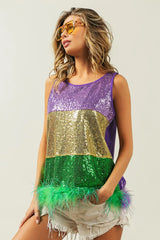 BiBi Mardi Gras Color Block Faux Feather Hem Sequin Top OutfitFlow