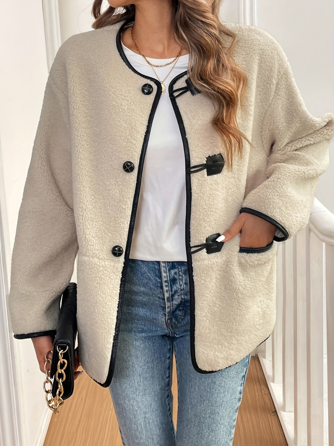 Outfit Flow - Contrast Trim Drop Shoulder Plush Coat