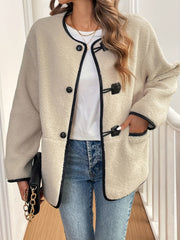 Outfit Flow - Contrast Trim Drop Shoulder Plush Coat