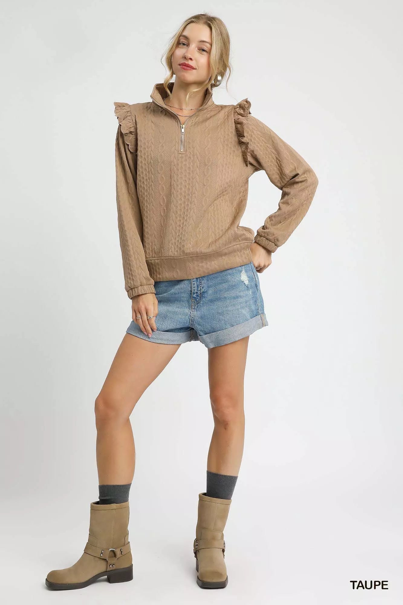Umgee Cable Knit Textured Pullover with Ruffle Shoulders OutfitFlow
