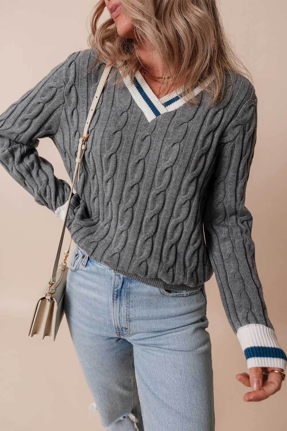 Cable-Knit V-Neck Long Sleeve Sweater Trendsi