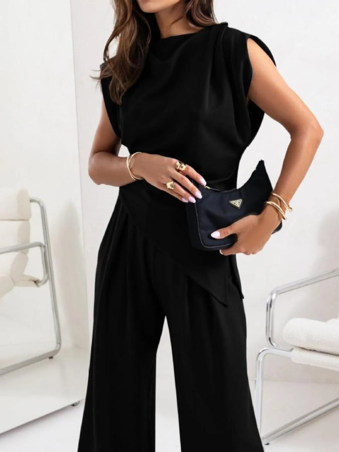 Ruched Sleeveless Top and Pants Set Black OutfitFlow