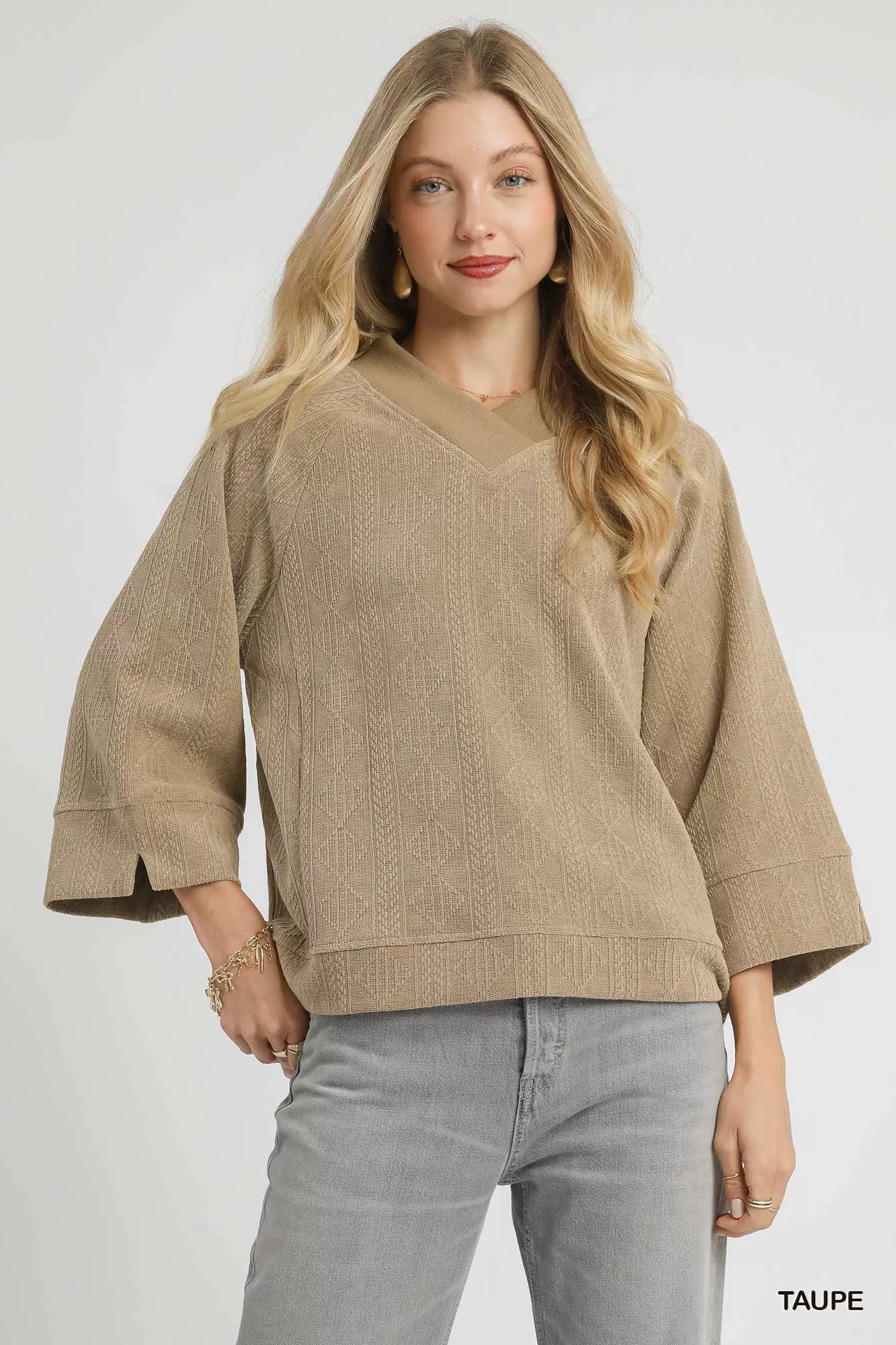Umgee Textured Knit V-Neck Top Taupe Trendsi