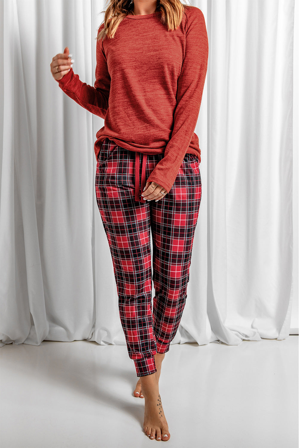 Outfit Flow - Round Neck Top and Drawstring Plaid Pants Lounge Set