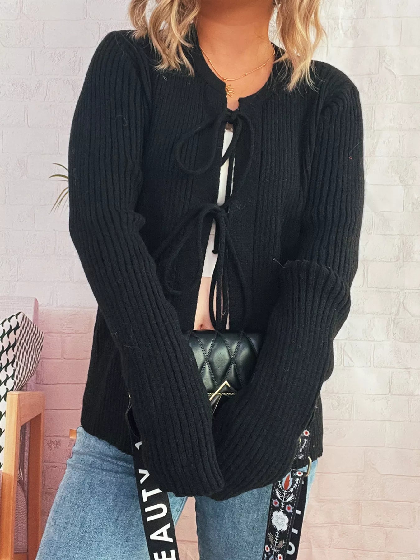 Ribbed Tie Front Long Sleeve Cardigan OutfitFlow