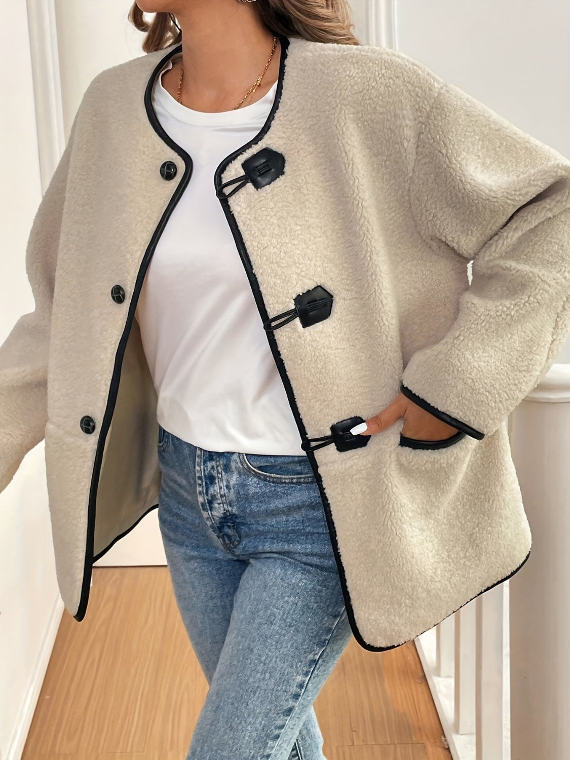 Outfit Flow - Contrast Trim Drop Shoulder Plush Coat